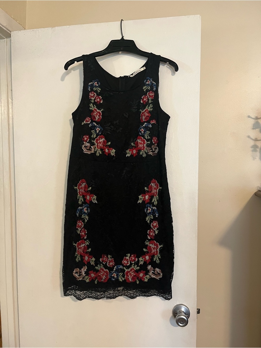 Solitaire Black Lace Midi Dress with Red & Blue Floral Embroidery